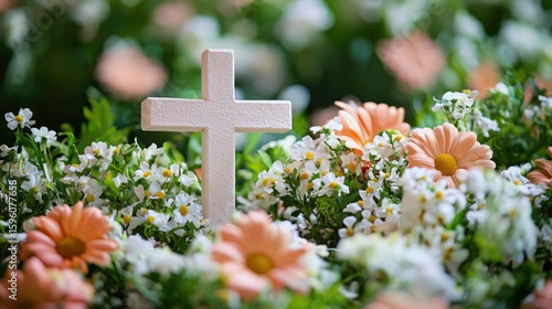 Christian Easter Sunday service with cross and flowers