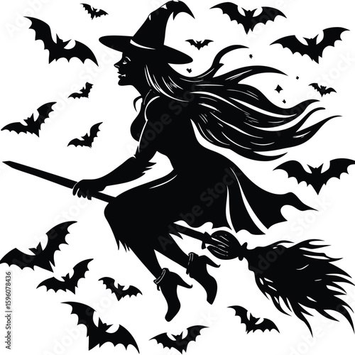 Silhouette witch flying on broomstick surrounded by bats