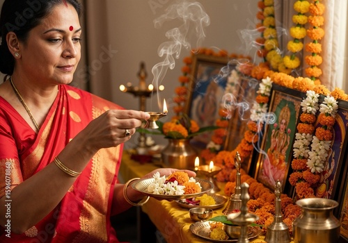 Woman performing puja with diya and flowers near decorated altars