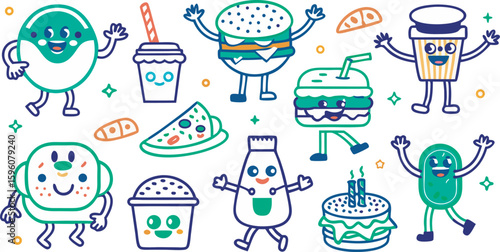 Cute anthropomorphic fast food characters and treats