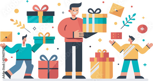 People holding and surrounded by gift boxes present