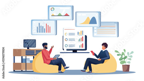 Two people discussing data analytics and charts while sitting on beanbag chairs in an office space