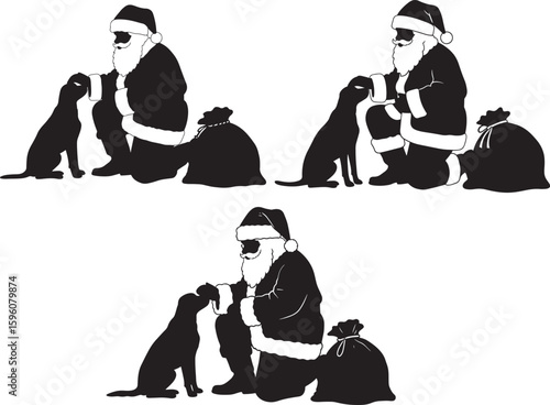 Santa claus with dogs and gifts silhouette