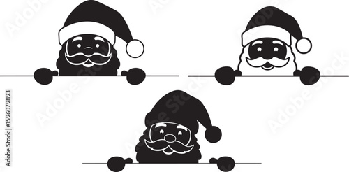 Three santa claus faces peeking over a line silhouette