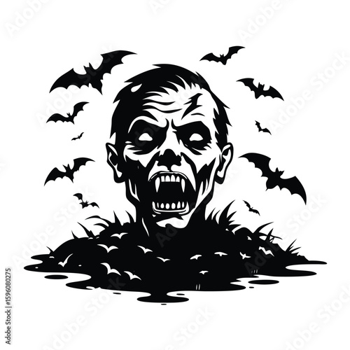 Zombie head emerging from ground with bats vector