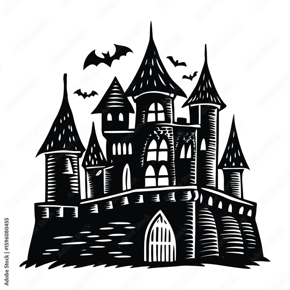 Fototapeta premium Black haunted castle with flying bats gothic spooky