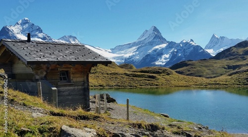 Bachalpsee with Snow-Capped Mountains and Steel-Blue Sky in the Swiss Alps