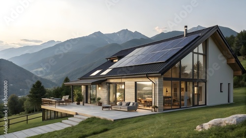 Solar energy system on modern house with mountain background, clean energy