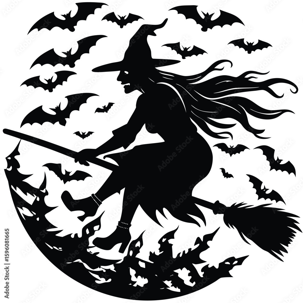 Fototapeta premium Black witch flying on broomstick with bats silhouette