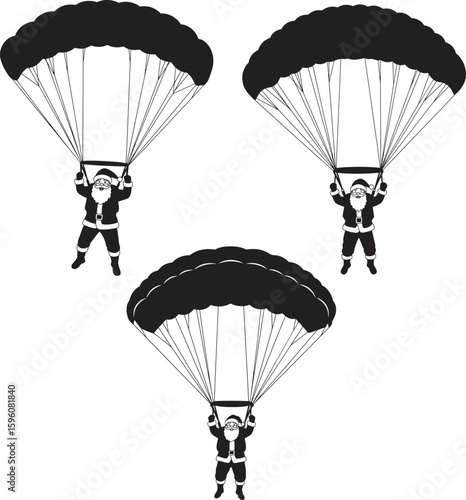 Three santa claus figures skydiving with parachutes silhouette