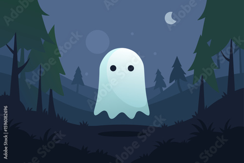 A glowing ghost in a haunted hallway atmospheric vector illustration