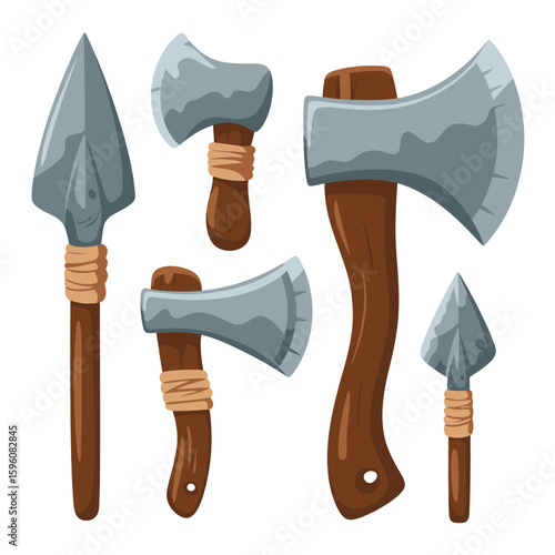Collection of primitive weapons including axes and spearheads