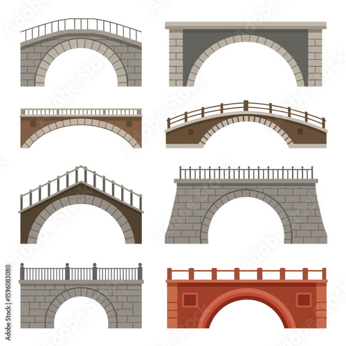 Collection of eight different architectural bridge designs in a flat illustration style