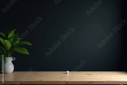Wallpaper Mural Serene Minimalist Scene  Wooden Table, Dark Wall, and Small Plant in White Vase Torontodigital.ca