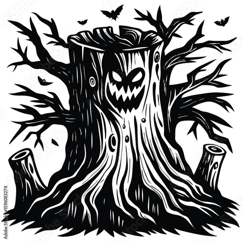 Creepy twisted dead tree stump with carved face and bats