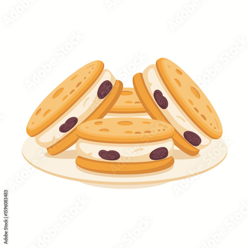 Sweet dessert sandwiches with cream and raisins on a plate