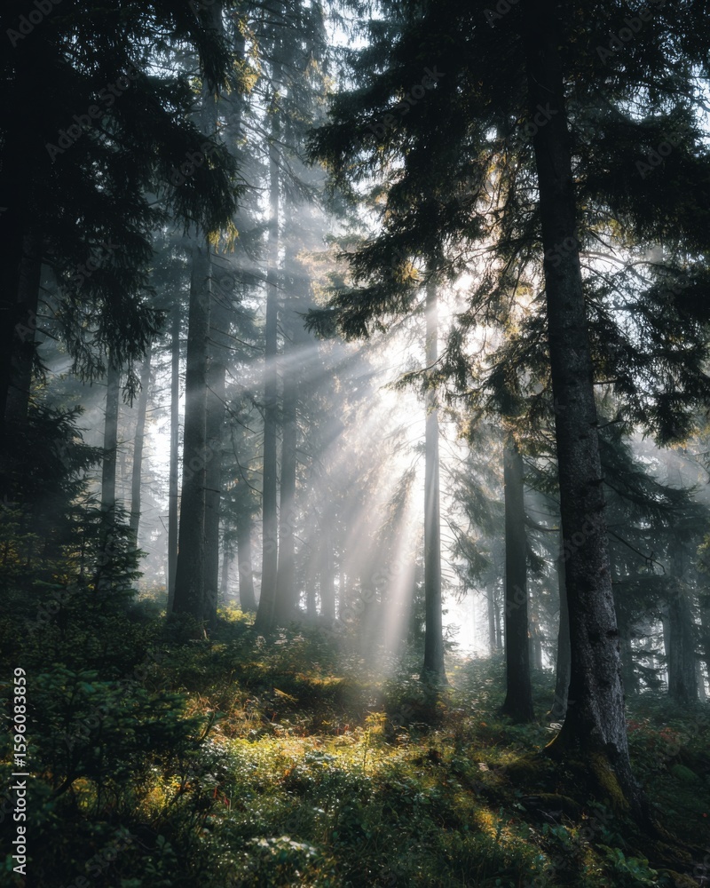Fototapeta premium Mystical foggy forest with sunrays filtering through trees
