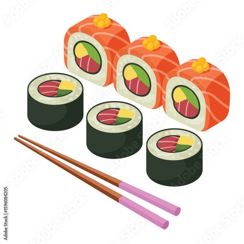 Delicious salmon sushi rolls and nigiri with chopsticks
