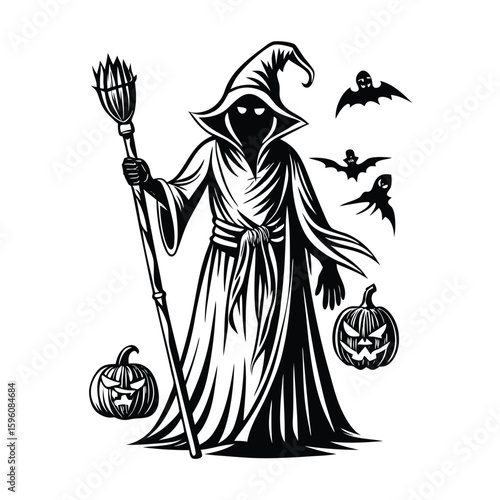 Hooded figure with broom and pumpkins witch cloak