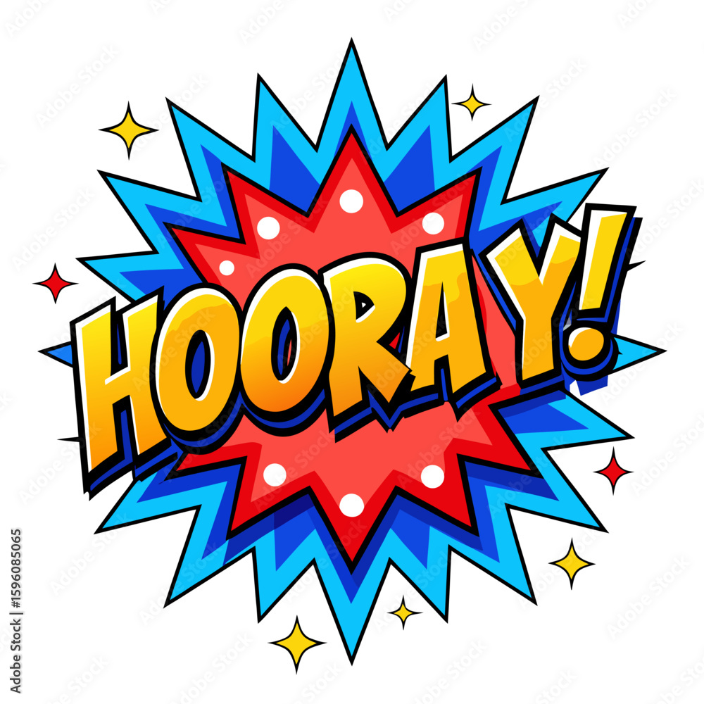 Fototapeta premium Colorful Comic Book Style Hooray Explosion with Stars on a White Background