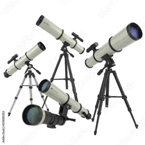 Collection of four telescopes on tripods for astronomy and stargazing