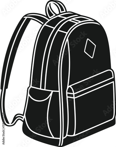 Vector art of a black and white illustration of a backpack isolated on a white background