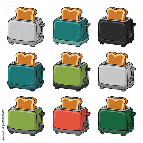 Collection of colorful retro toasters with toasted bread slices