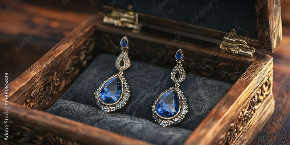 Fototapeta premium 3D render of antique-style jewelry box opening with sapphire drop earrings