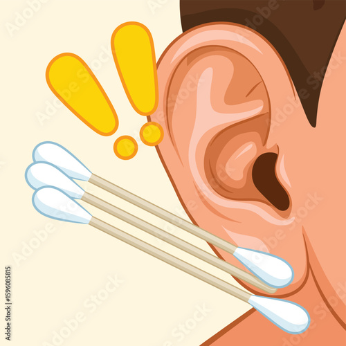 Illustration of cotton swabs being inserted into a human ear