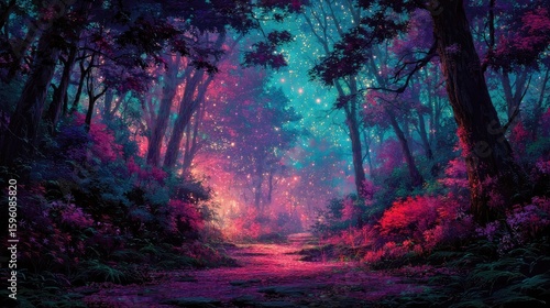 A magical forest path under a starry night sky.