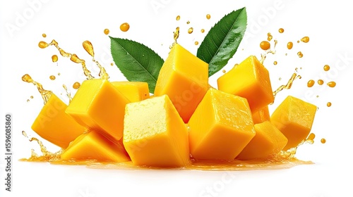 splash of mango juice isolated on white background. mango pieces.