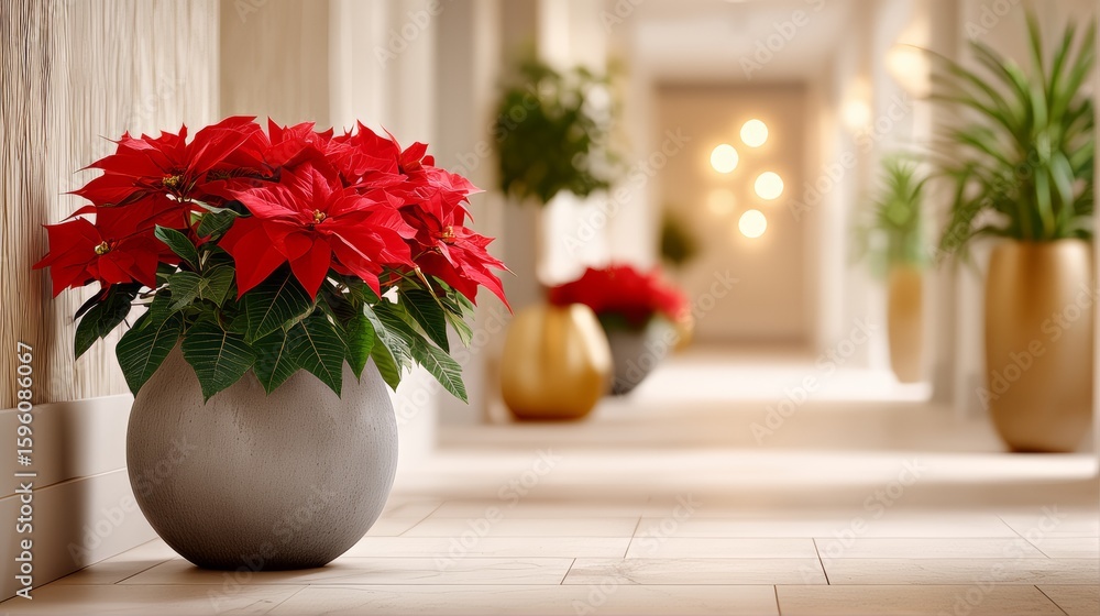 Fototapeta premium Modern corporate hallway with elegant Christmas poinsettia decor – luxury holiday office interior