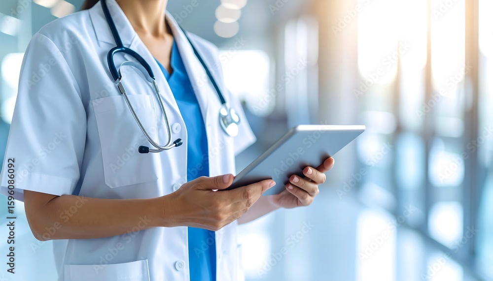 Doctor using tablet in hospital. Doctor using tablet in hospital.