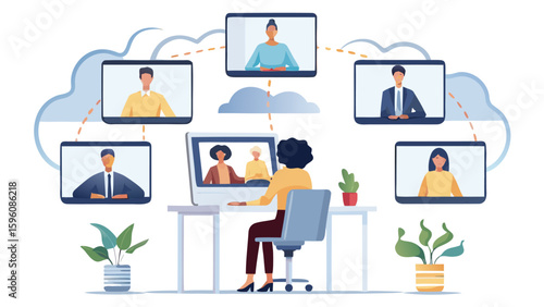 Illustration of a video conference call with multiple participants connected via cloud network