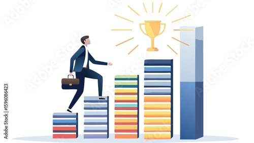Businessman climbing bar chart steps towards a golden trophy with radiating light rays on top step
