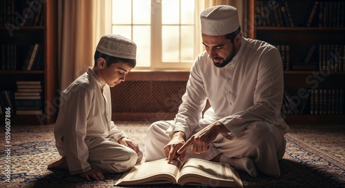 Man teaches boy from book sitting on rug near window and bookcase