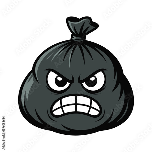 Cartoon black trash bag character with angry face and gritted teeth
