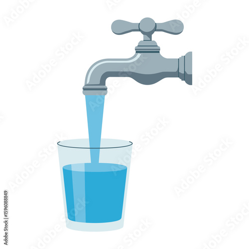 Water pouring from a faucet into a clear glass