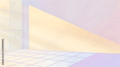 Soft pastel colors illuminate a modern room geometric shadows tiled floor.
