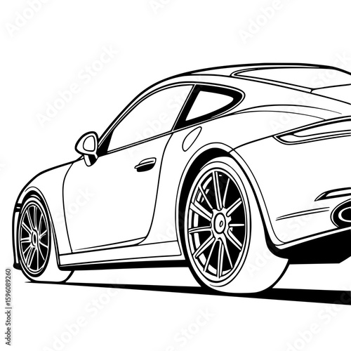 Line drawing of a sports car in rear view with minimalistic design and copy space