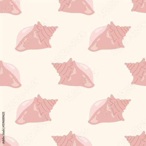 Seamless pattern with stylized seashells on a cream background. Underwater element. For summer textiles and beach designs.