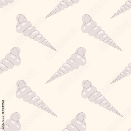  Seamless pattern with stylized purple seashells on a cream background. For summer textiles and beach designs.