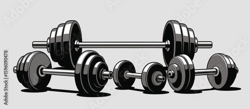 Collection of dumbbells and barbell weights for weightlifting and fitness