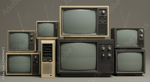 Stacked old CRT TVs. Vintage retro television screens, tube displays with blank screens. 90s era tech, obsolete electronic devices, old technology, antique broadcast receivers.
