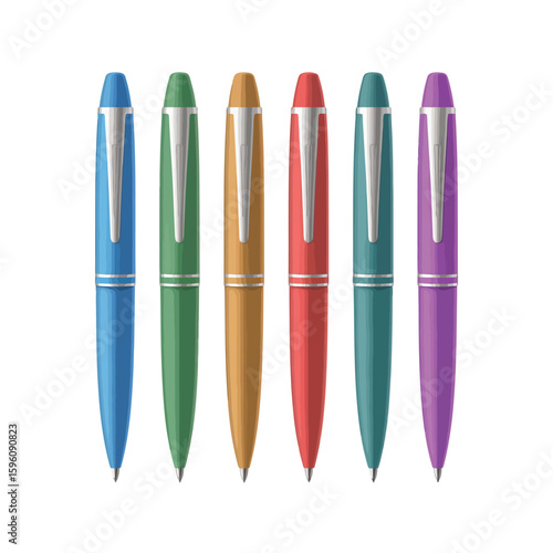Collection of colorful ballpoint pens arranged in a row on a white background