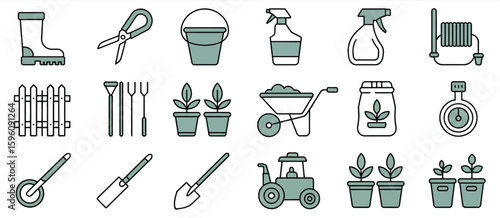 Collection of garden tools and equipment icons for gardening and agriculture