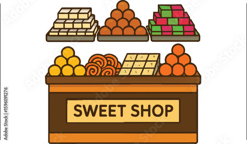 Sweet Shop Vector Set – Colorful Display of Traditional Sweets and Mithai Counter Illustration