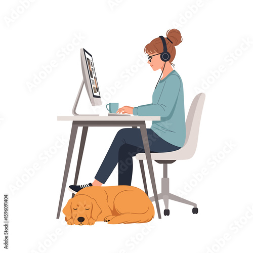 A woman with headphones works at a computer while her golden retriever dog sleeps at her feet.