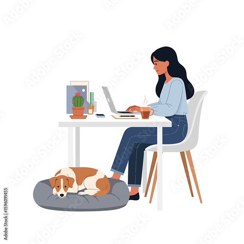 A woman works on a laptop at a desk while her dog sleeps peacefully in its bed nearby in a bright, minimalist setting.