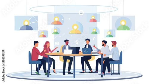 Group of professionals in a meeting around a table with laptops and screens above them online 100 char